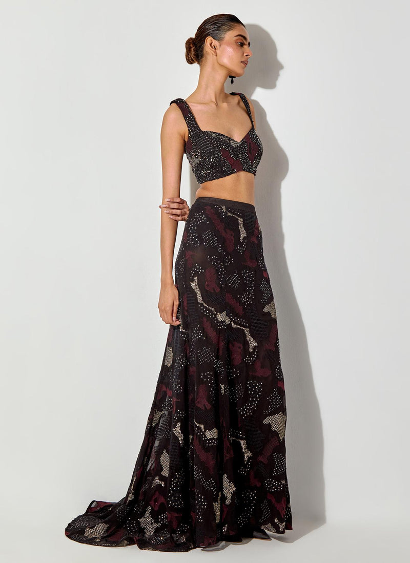 Multicolor Embroidered Skimpy Top Paired Embroidered Mermaid Skirt With Back Trail