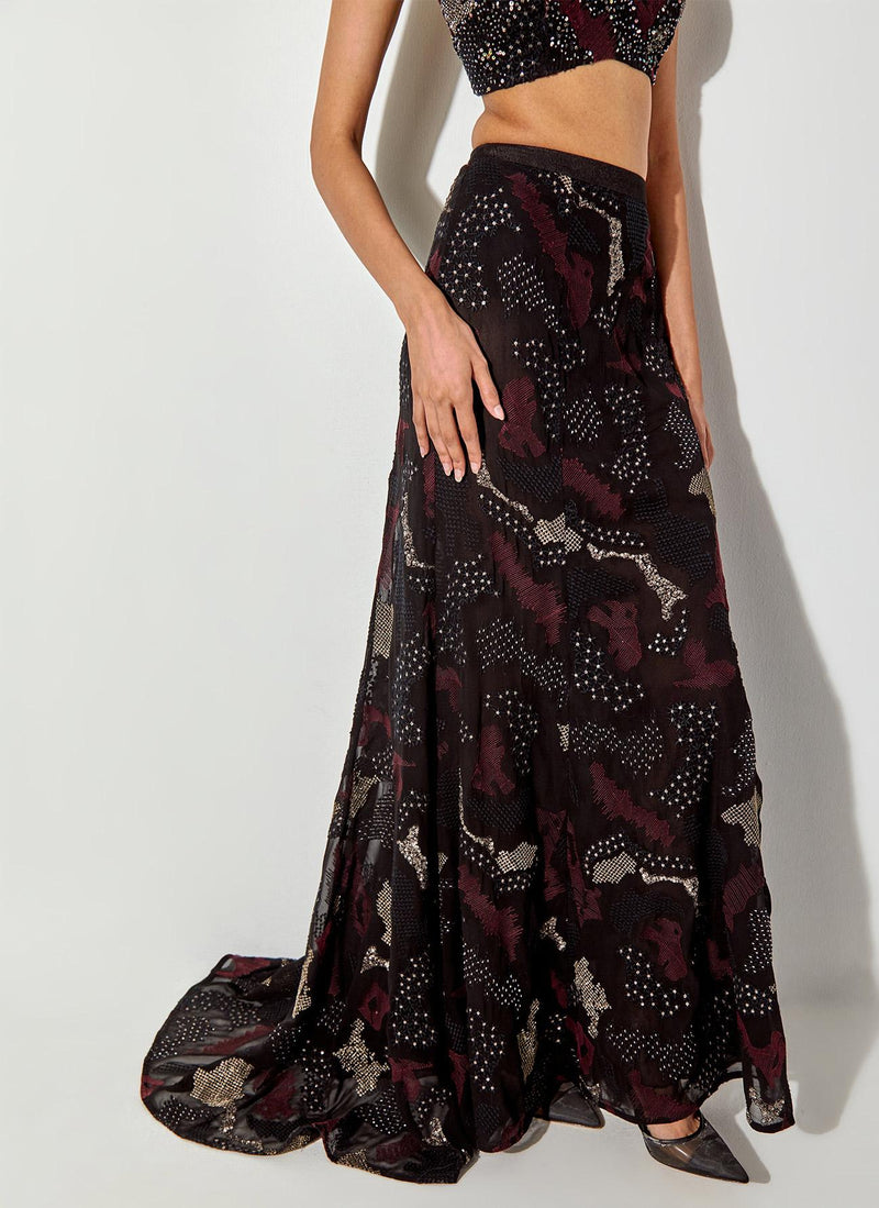 Multicolor Embroidered Skimpy Top Paired Embroidered Mermaid Skirt With Back Trail