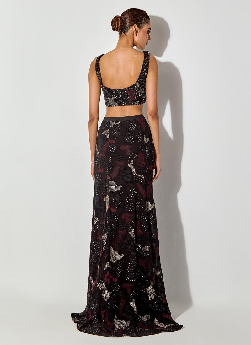 Multicolor Embroidered Skimpy Top Paired Embroidered Mermaid Skirt With Back Trail