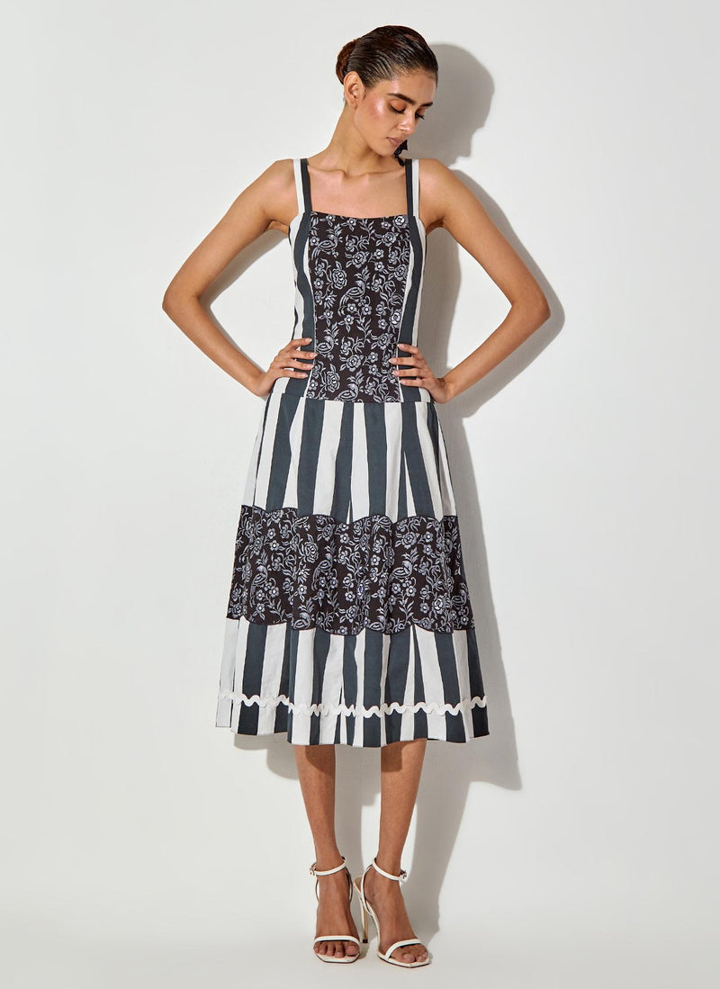 Black Printed And Embroidered Mid Calf Length Dress