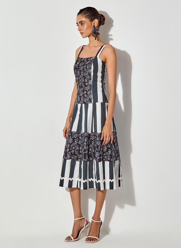 Black Printed And Embroidered Mid Calf Length Dress