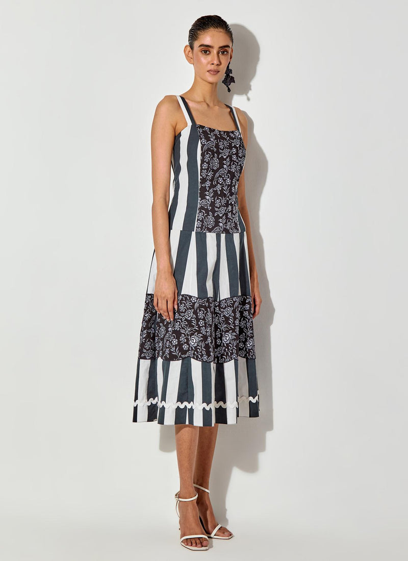 Black Printed And Embroidered Mid Calf Length Dress