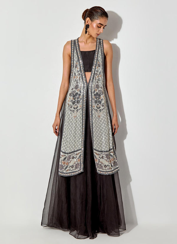 Multicolor Printed And Sequin Embroiderd Jacket Cape With Inner Pafired With Organza Skirt