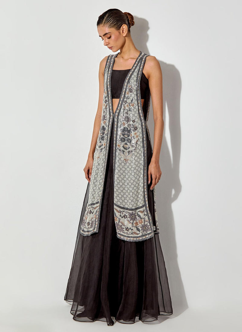 Multicolor Printed And Sequin Embroiderd Jacket Cape With Inner Pafired With Organza Skirt