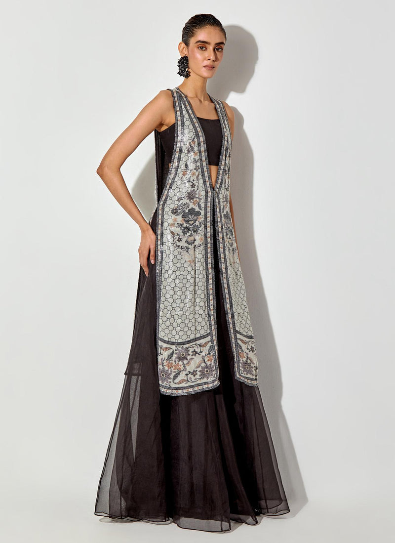 Multicolor Printed And Sequin Embroiderd Jacket Cape With Inner Pafired With Organza Skirt