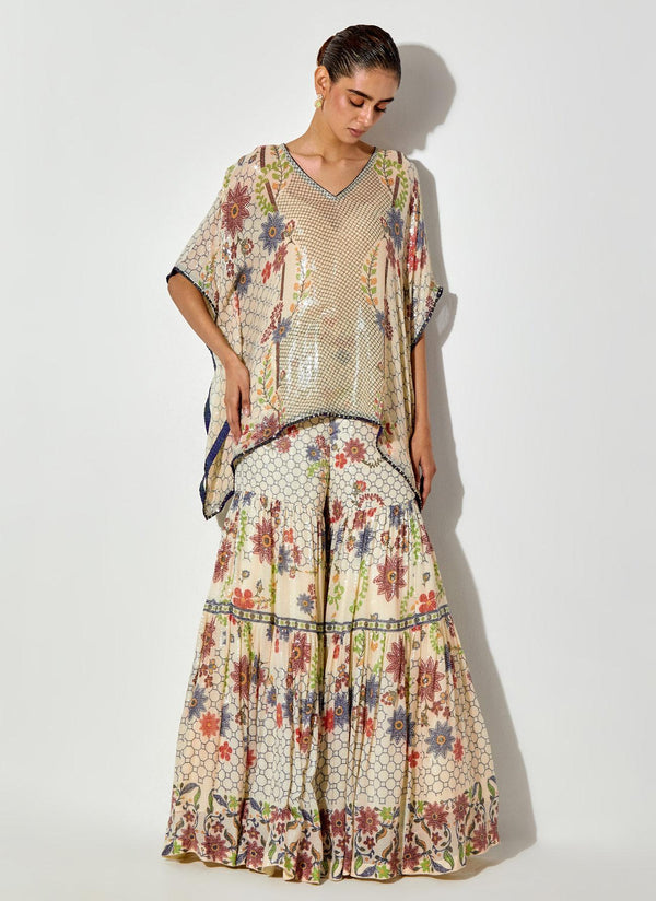 Off White Sequin Printed Tiered Sharara With Kaftan Top