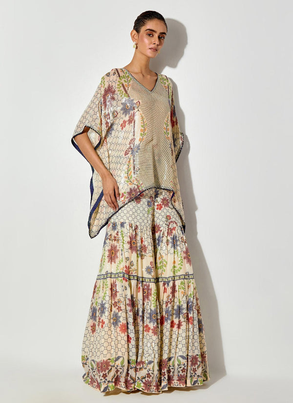 Off White Sequin Printed Tiered Sharara With Kaftan Top