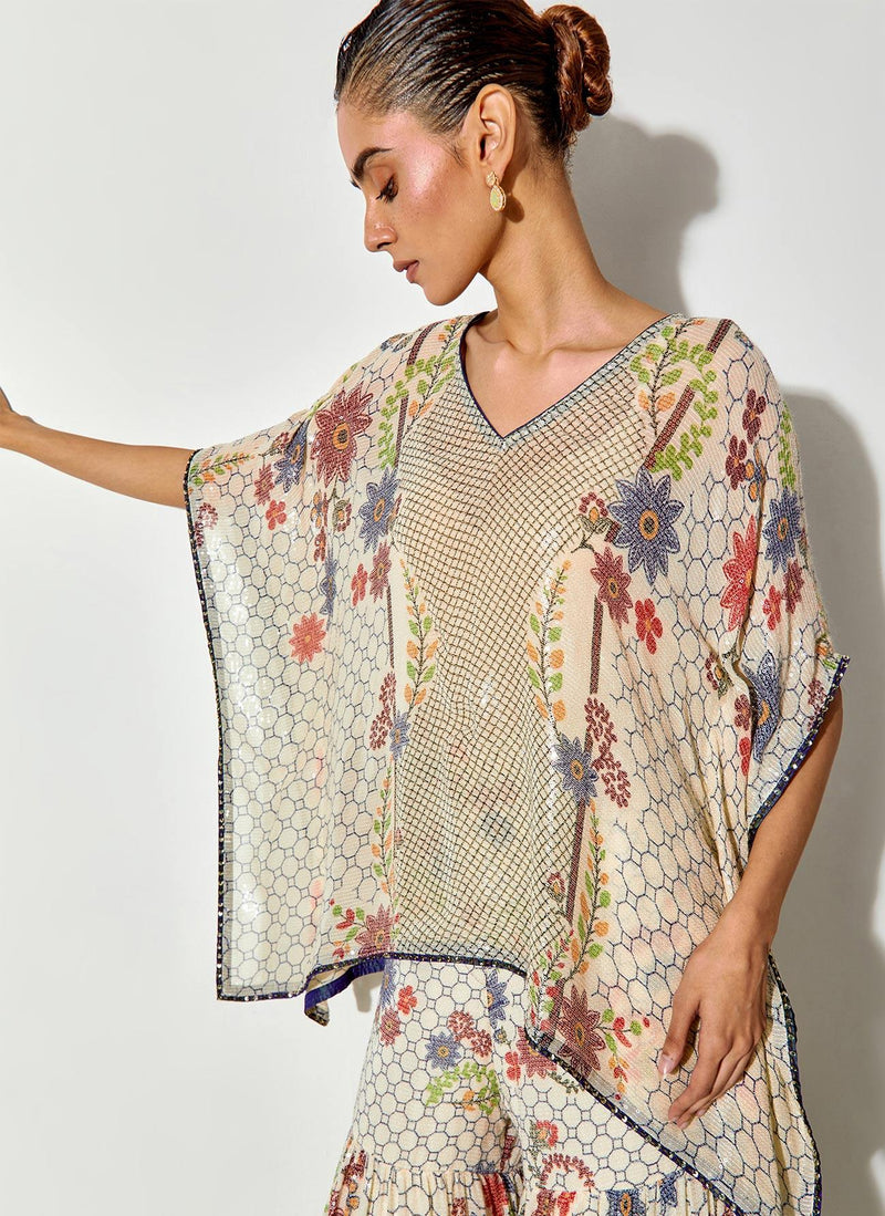 Off White Sequin Printed Tiered Sharara With Kaftan Top