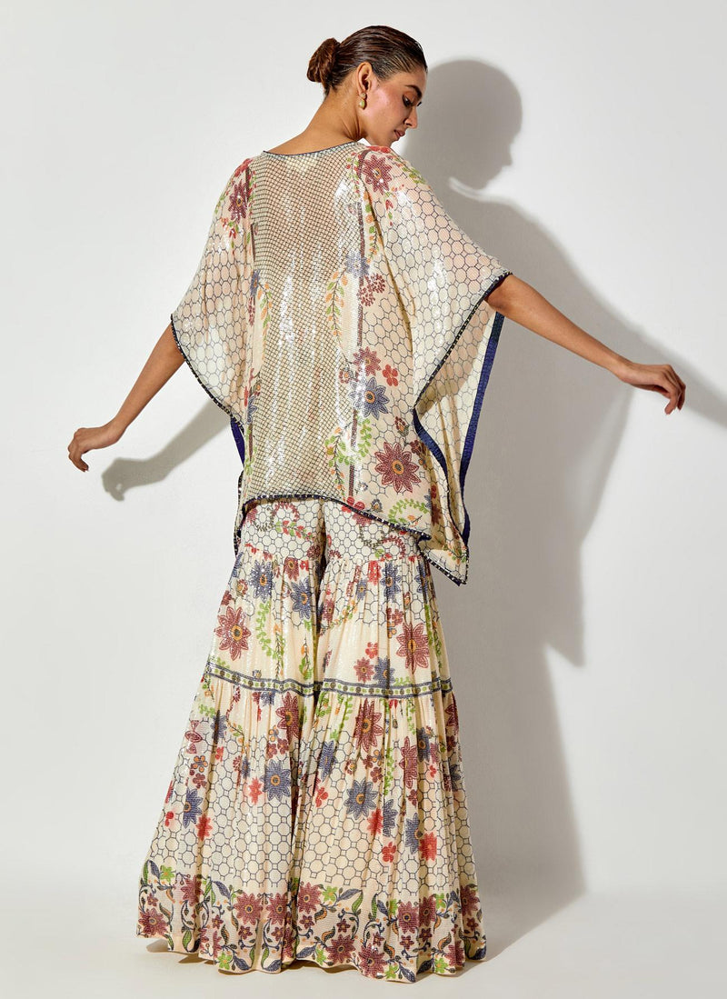 Off White Sequin Printed Tiered Sharara With Kaftan Top