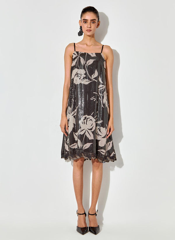 Black Sequin Floral Printed Dress