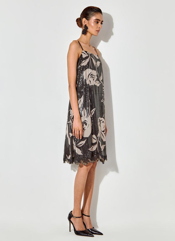 Black Sequin Floral Printed Dress
