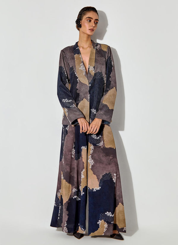 Multicolor Textured Blazer With Embroidered Collar Paired With Crepe Panelled Pants