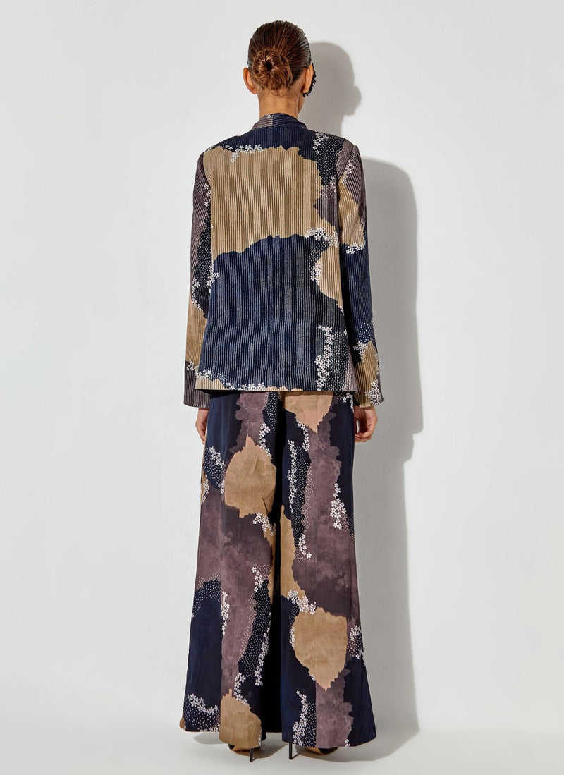 Multicolor Textured Blazer With Embroidered Collar Paired With Crepe Panelled Pants