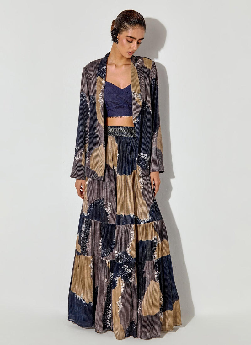 Multicolor Tier Skirt In Textured Georgette With Smocking On Waist