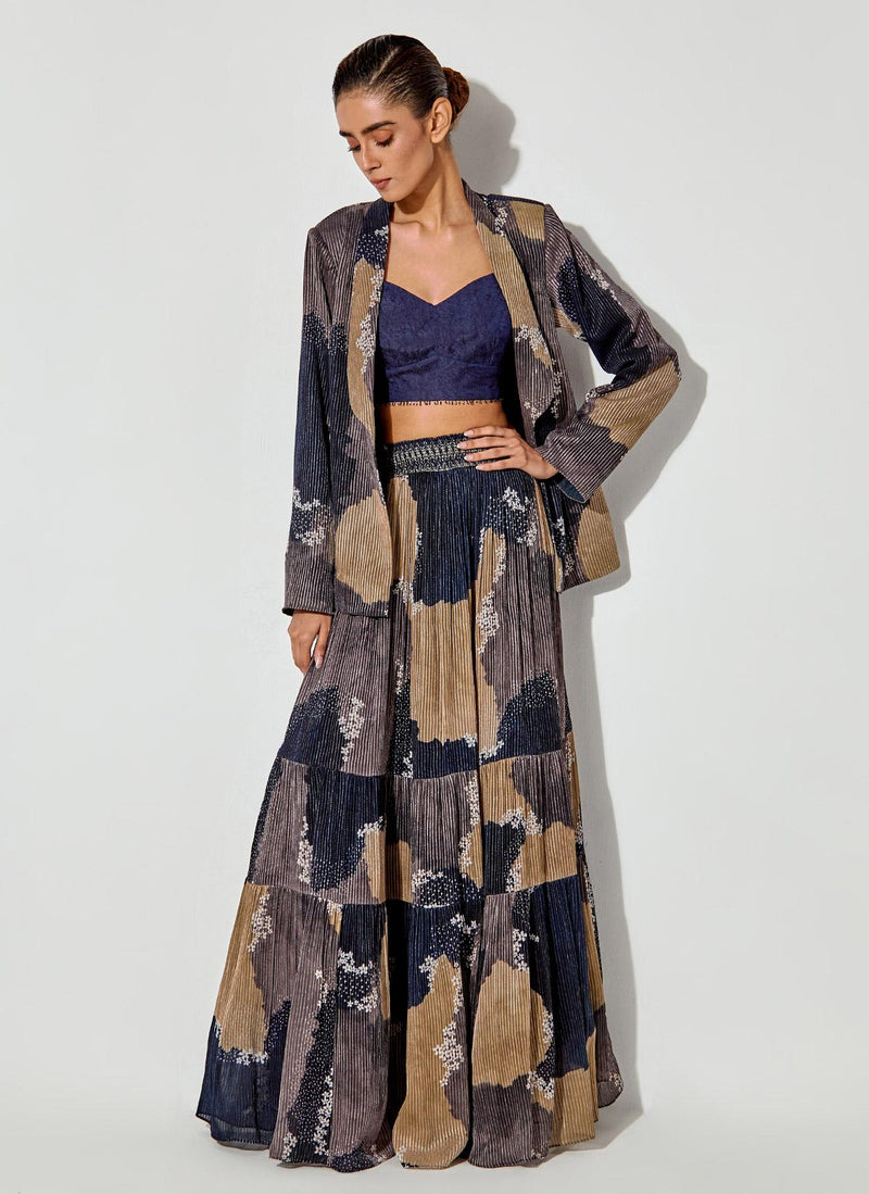 Multicolor Tier Skirt In Textured Georgette With Smocking On Waist