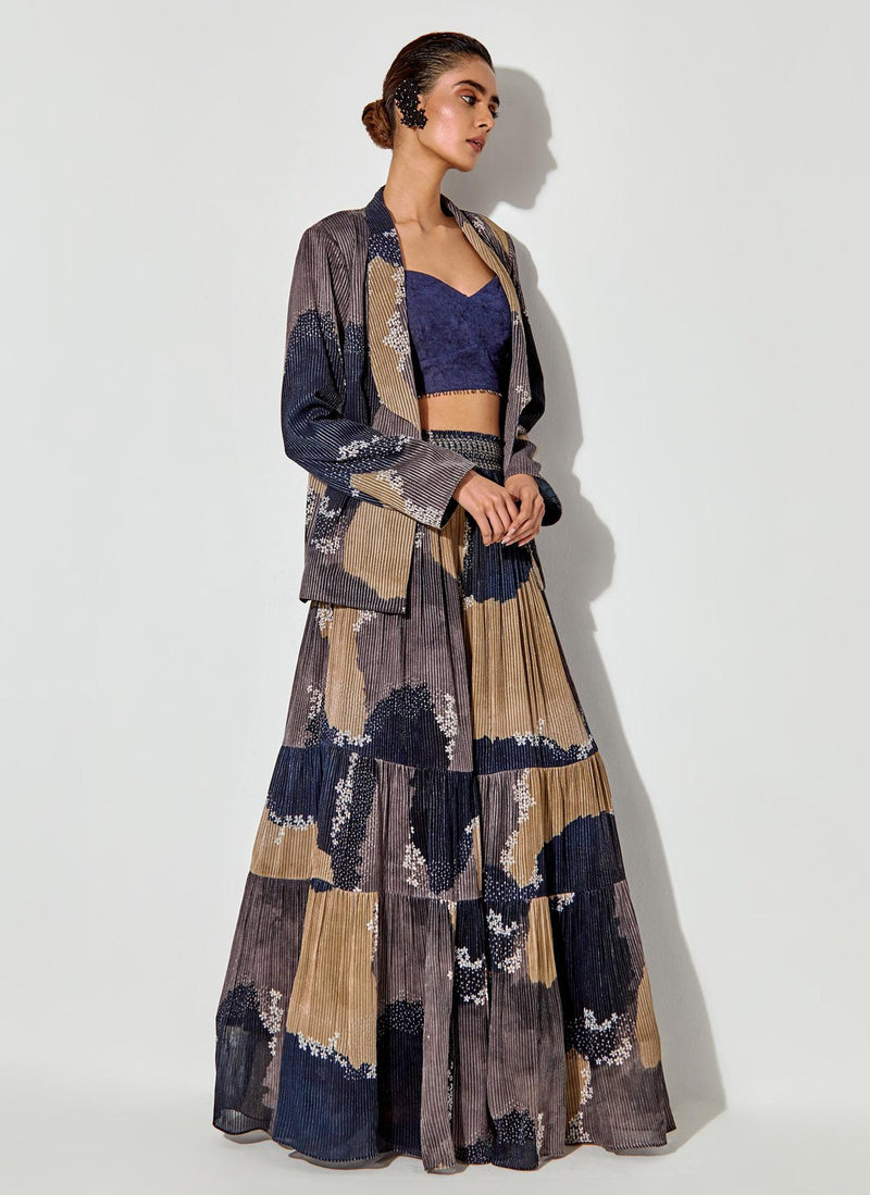 Multicolor Tier Skirt In Textured Georgette With Smocking On Waist