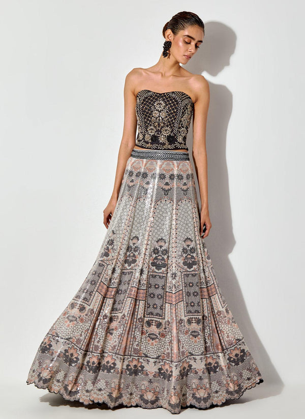 Multicolor Printed And Sequin Embroidred Skirt Paired With Hand Embellished Corset Blouse
