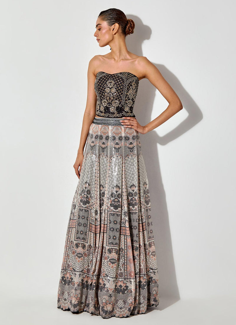 Multicolor Printed And Sequin Embroidred Skirt Paired With Hand Embellished Corset Blouse