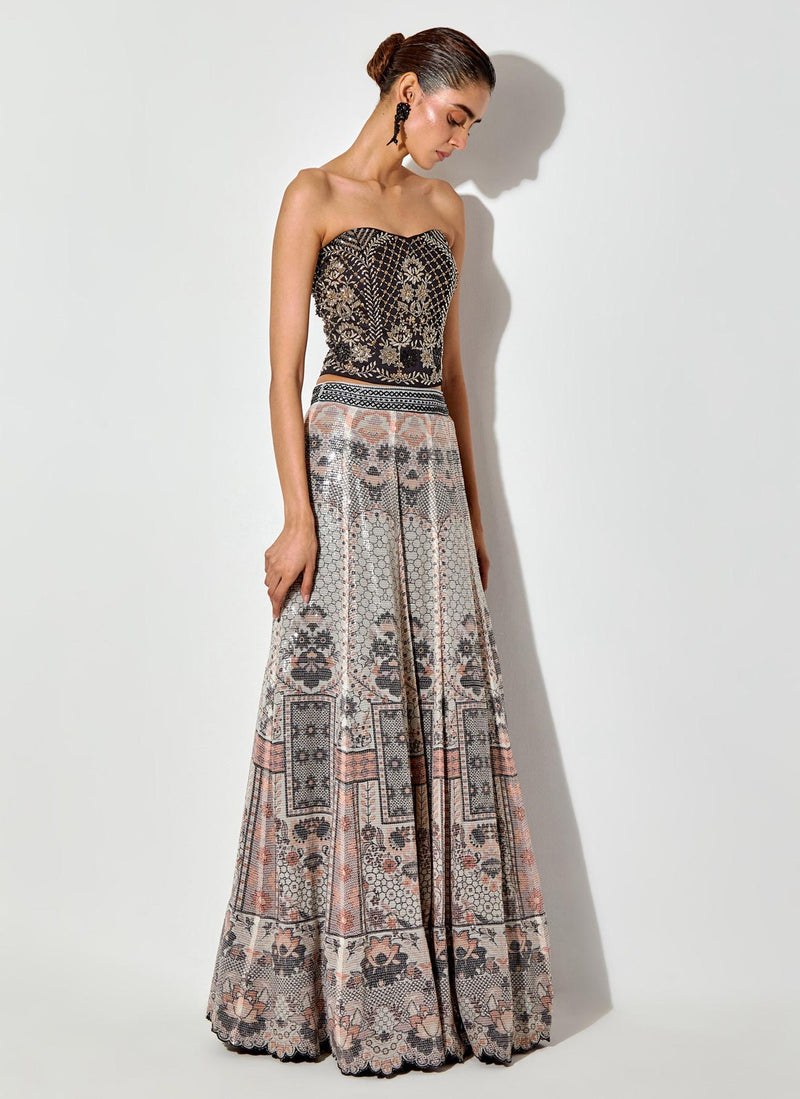 Multicolor Printed And Sequin Embroidred Skirt Paired With Hand Embellished Corset Blouse