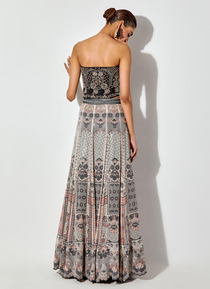 Multicolor Printed And Sequin Embroidred Skirt Paired With Hand Embellished Corset Blouse