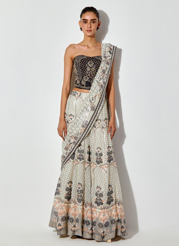 Multicolor Printed And Sequin Embroidred Tiered Drape Lehnga Saree Paired With Hand Embellished Corset Blouse