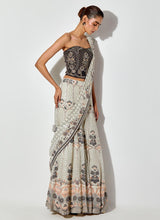 Multicolor Printed And Sequin Embroidred Tiered Drape Lehnga Saree Paired With Hand Embellished Corset Blouse