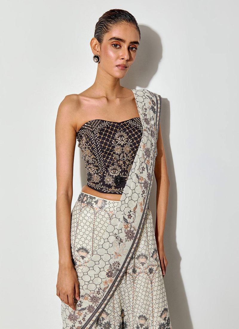 Multicolor Printed And Sequin Embroidred Tiered Drape Lehnga Saree Paired With Hand Embellished Corset Blouse