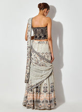 Multicolor Printed And Sequin Embroidred Tiered Drape Lehnga Saree Paired With Hand Embellished Corset Blouse