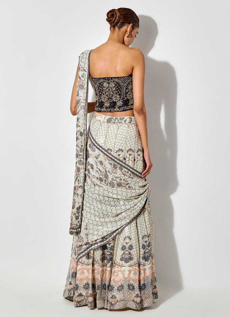 Multicolor Printed And Sequin Embroidred Tiered Drape Lehnga Saree Paired With Hand Embellished Corset Blouse