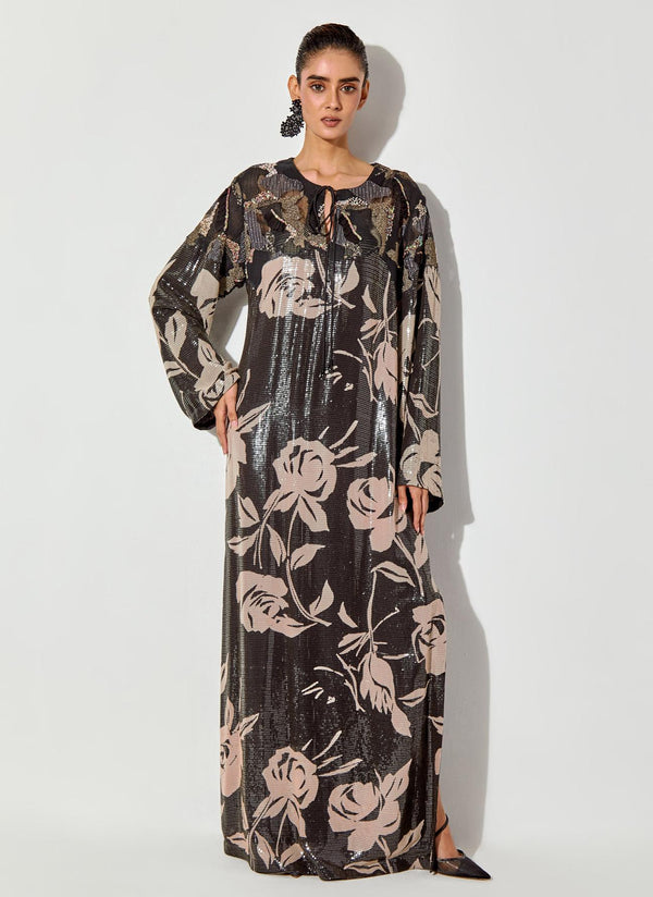 Black Sequin Floral Printed Long Dress With Tread And Bead Work Yoke
