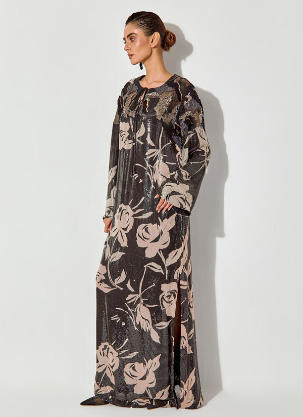Black Sequin Floral Printed Long Dress With Tread And Bead Work Yoke