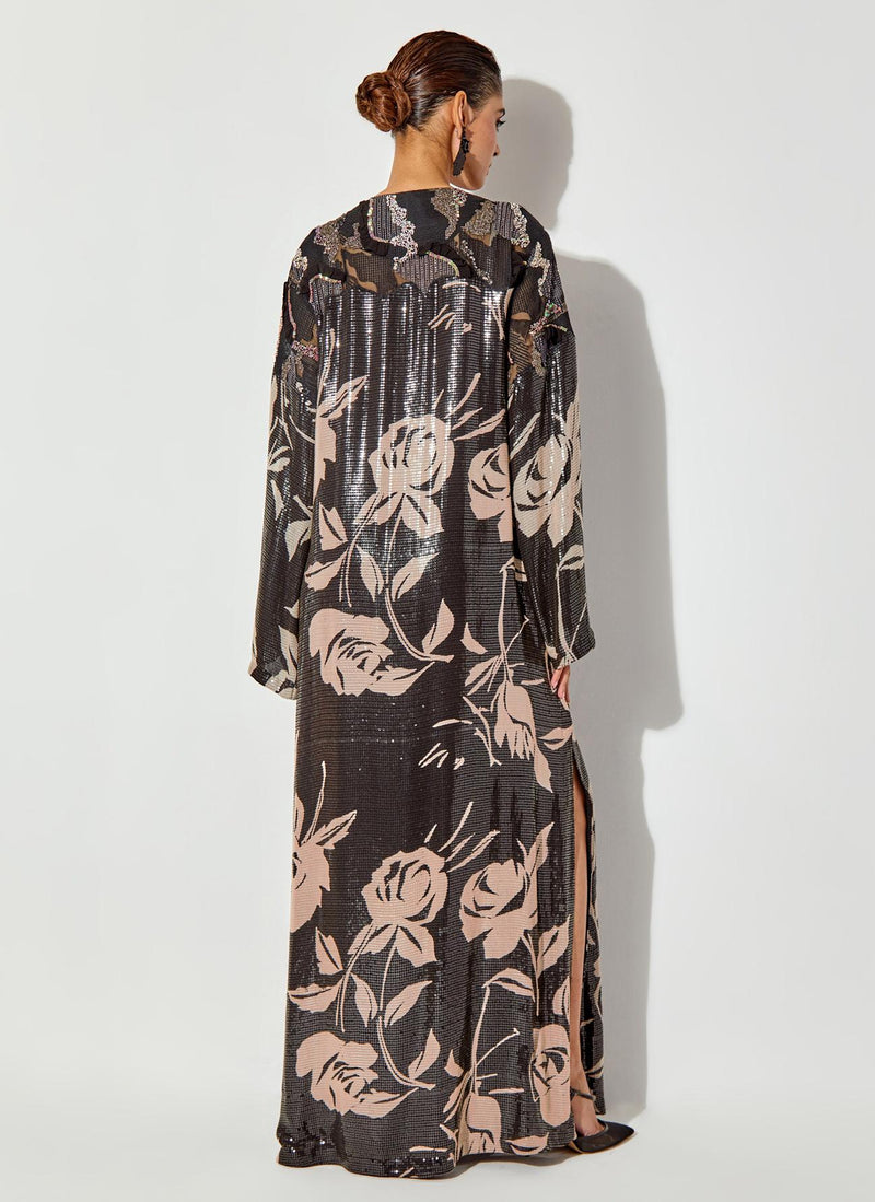Black Sequin Floral Printed Long Dress With Tread And Bead Work Yoke