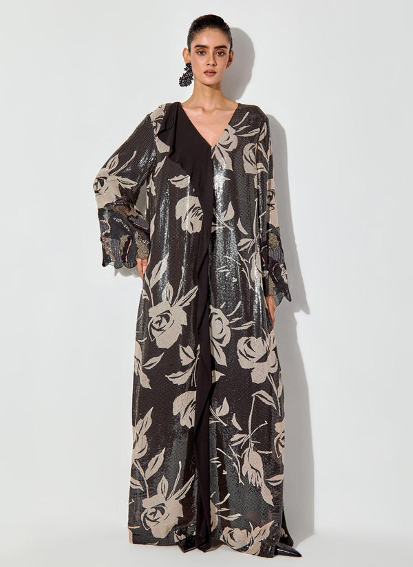 Black Sequin Floral Printed Dress