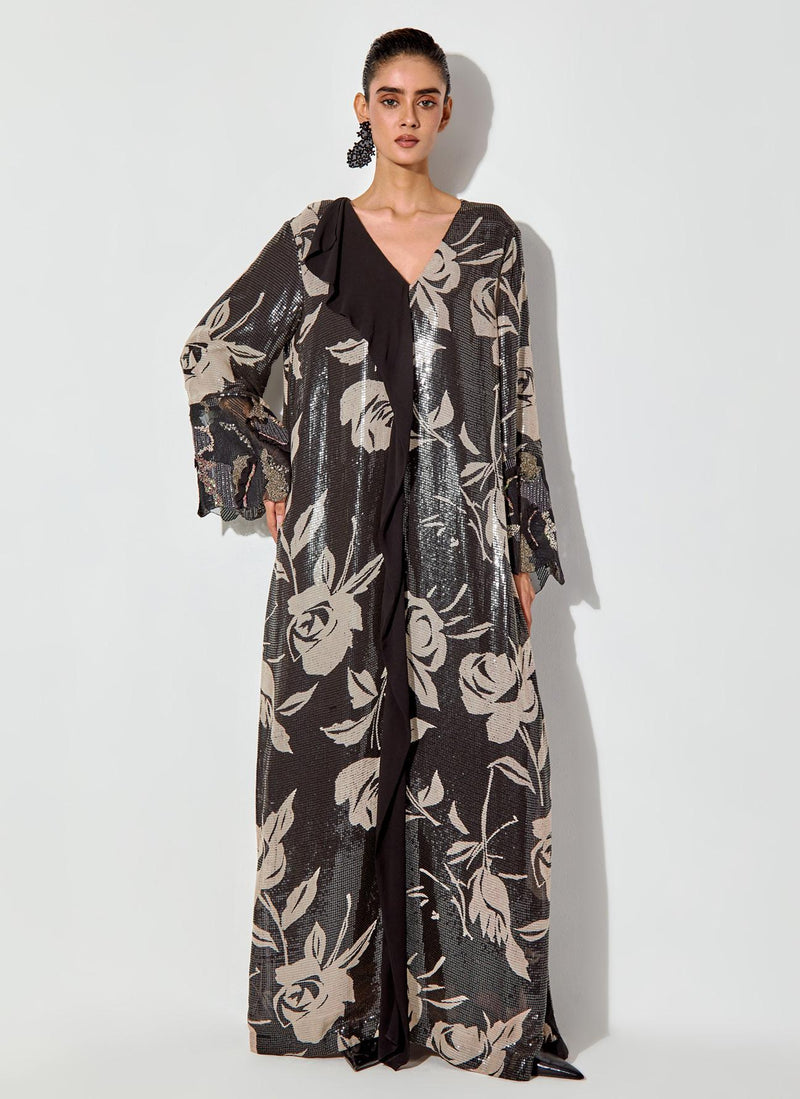 Black Sequin Floral Printed Dress