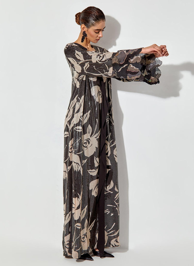 Black Sequin Floral Printed Dress