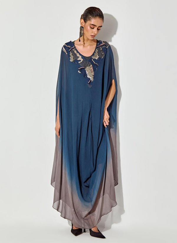 Blue Shaded Drape Dress In Thread And Sequence Embroidery