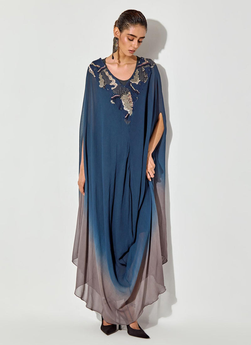 Blue Shaded Drape Dress In Thread And Sequence Embroidery