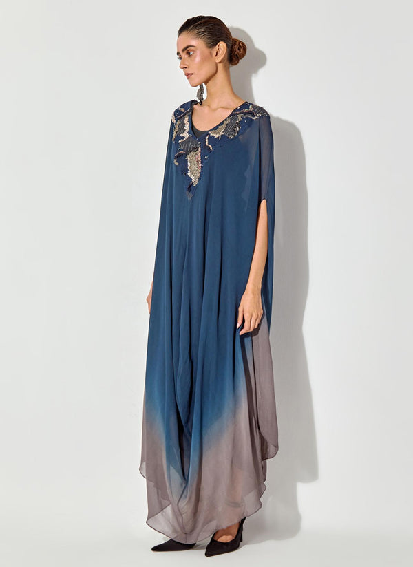 Blue Shaded Drape Dress In Thread And Sequence Embroidery