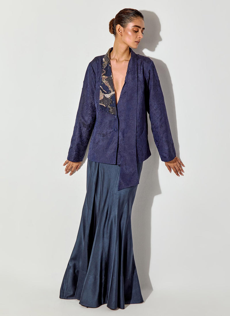 Blue Crush Silk Blazer With Embroided Lapel Paired With Satin Panelled Skirt