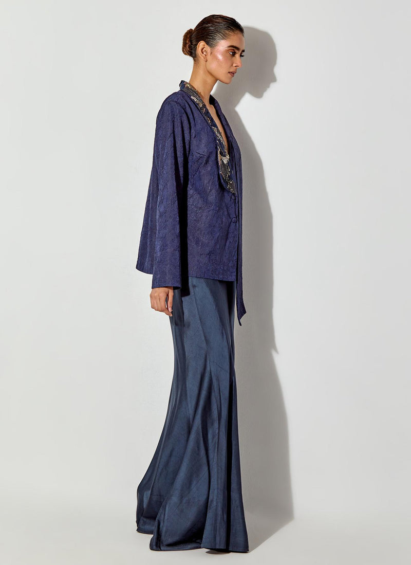 Blue Crush Silk Blazer With Embroided Lapel Paired With Satin Panelled Skirt