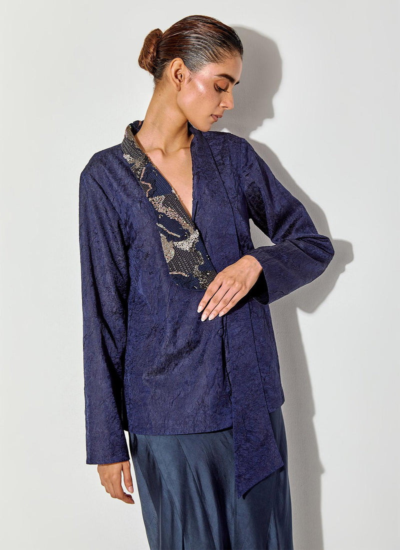 Blue Crush Silk Blazer With Embroided Lapel Paired With Satin Panelled Skirt