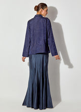 Blue Crush Silk Blazer With Embroided Lapel Paired With Satin Panelled Skirt