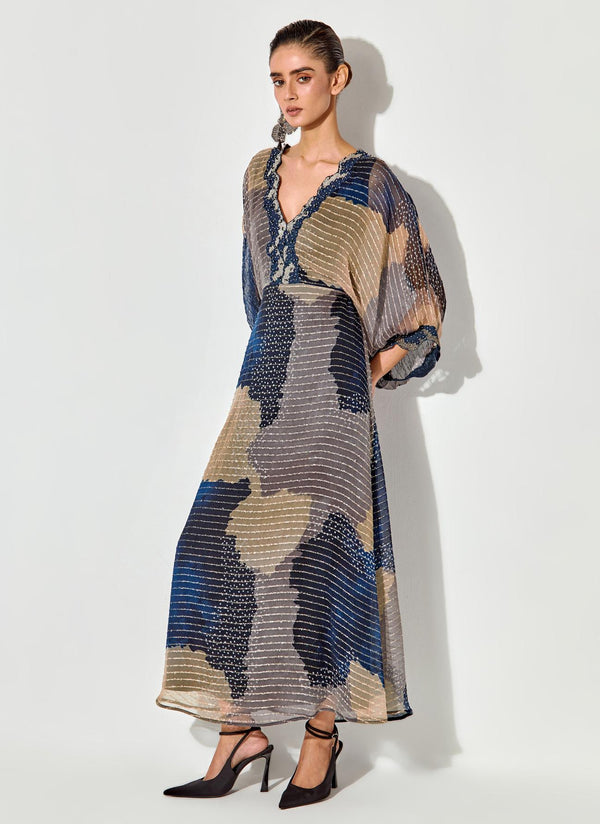 Multicolor Textured Maxi Dress With Embroidered Detailing On Neck And Sleeves