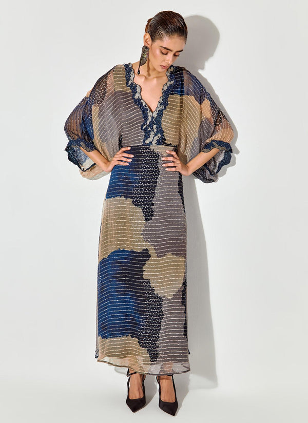 Multicolor Textured Maxi Dress With Embroidered Detailing On Neck And Sleeves