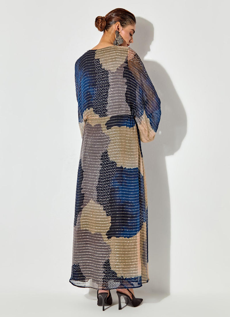 Multicolor Textured Maxi Dress With Embroidered Detailing On Neck And Sleeves