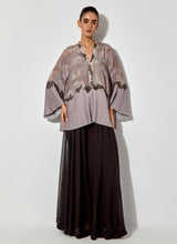 Grey/ Black Printed, Pleated And Embroidery Top Paired With Panelled Sharara Pants