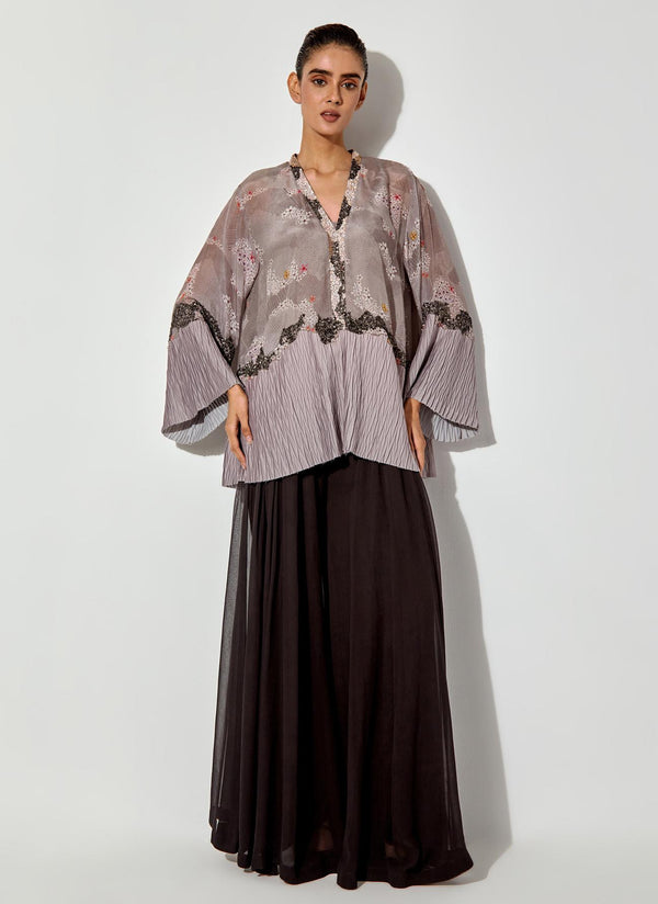 Grey/ Black Printed, Pleated And Embroidery Top Paired With Panelled Sharara Pants