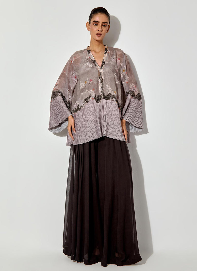 Grey/ Black Printed, Pleated And Embroidery Top Paired With Panelled Sharara Pants