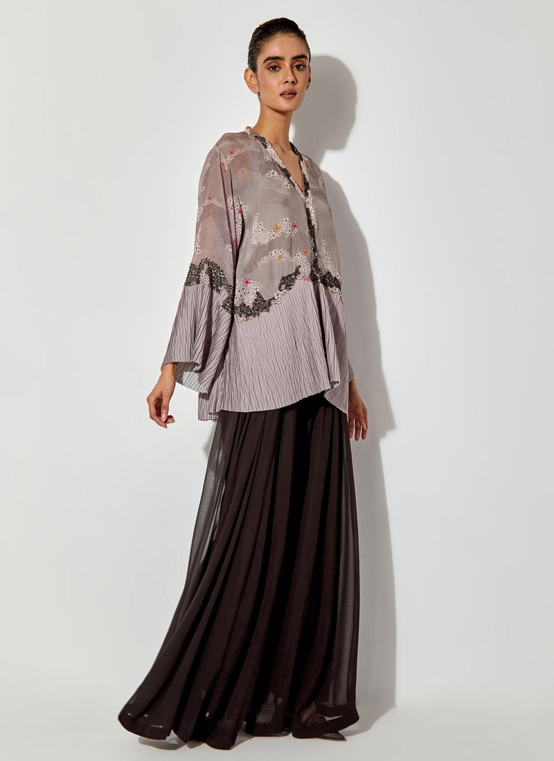 Grey/ Black Printed, Pleated And Embroidery Top Paired With Panelled Sharara Pants