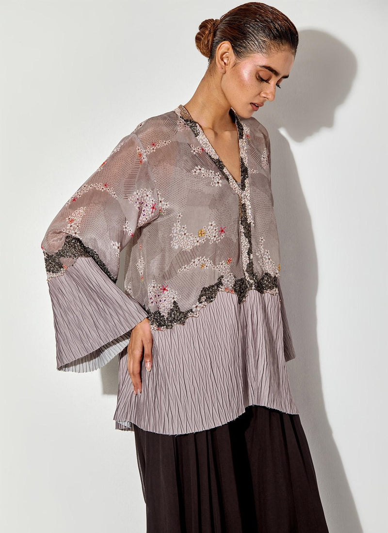 Grey/ Black Printed, Pleated And Embroidery Top Paired With Panelled Sharara Pants